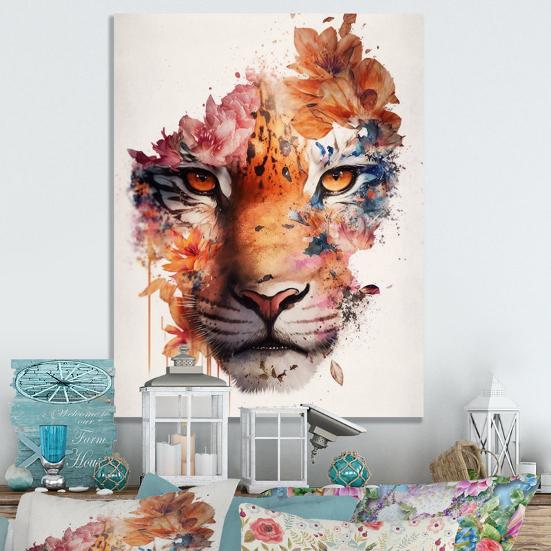 Portrait de tigre avec fleurs III - reproduction sur toile, H 32 po x l 16 po x P 1 po, Toile tendue