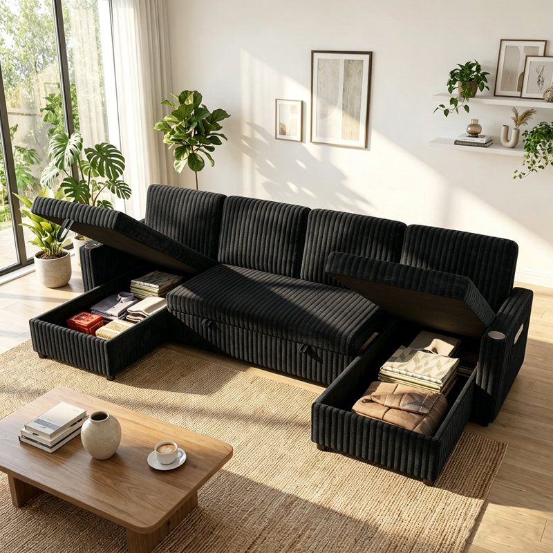 110.63" Convertible Sleeper Sectional Sofa with Pull-Out Bed & Dual Storage Chaise, U-Shaped Couch for Living Room Apartment, Black