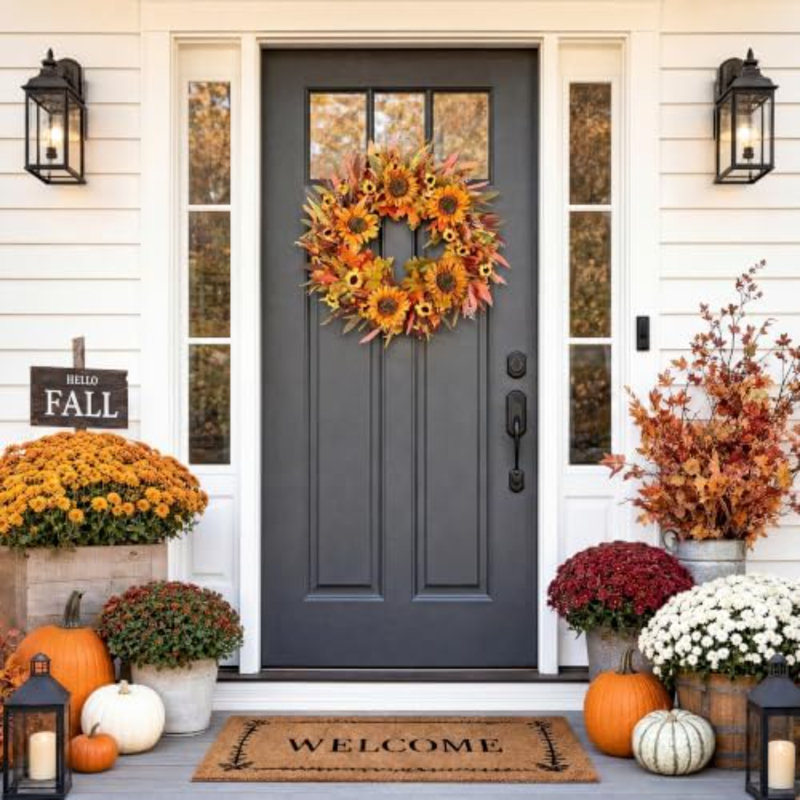Couronne d'automne de 56 cm (22 pouces) avec tournesols artificiels, décoration murale pour porte d'entrée, style ferme, idéal pour l'Action de grâce, porche, intérieur et extérieur, décoration de récolte.