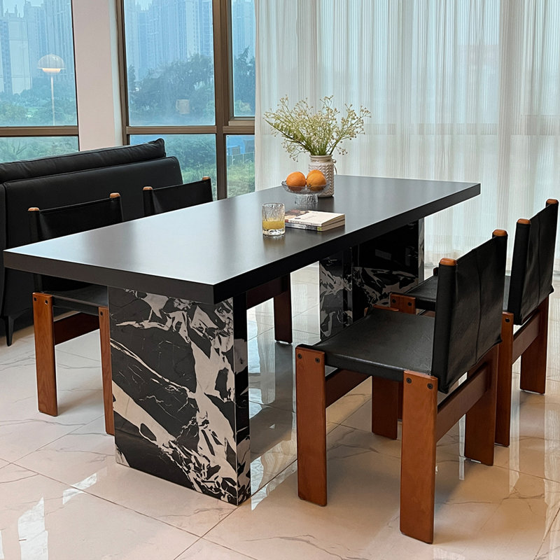 Table de salle à manger rectangulaire noire en bois massif et en pierre frittée, H 29,53 po x L 78,74 po x l 31,5 po