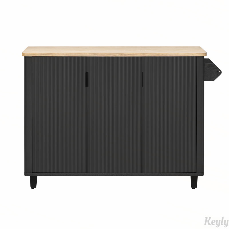 Farmhouse Accent Kitchen Island on Wheels with Internal Storage Rack, Black