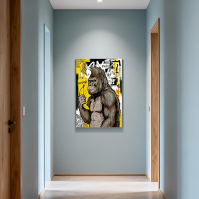 Animaux, gorille tenant un motif de fond graffiti de banane