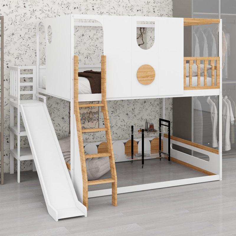 Lit mezzanine pour enfants avec glissade et aire de jeux inférieure polyvalente délimitée par des garde-corps, Full