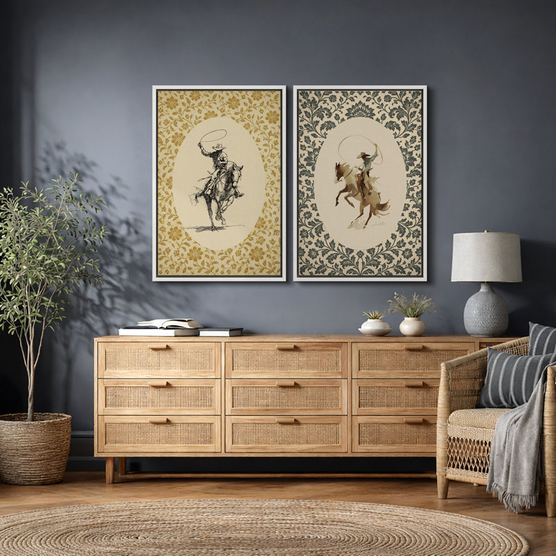 Art cowboy, cowboy de style occidental, impression sur toile encadrée, 2 pièces, H 24 po x l 32 po x P 1,5 po, White Frame