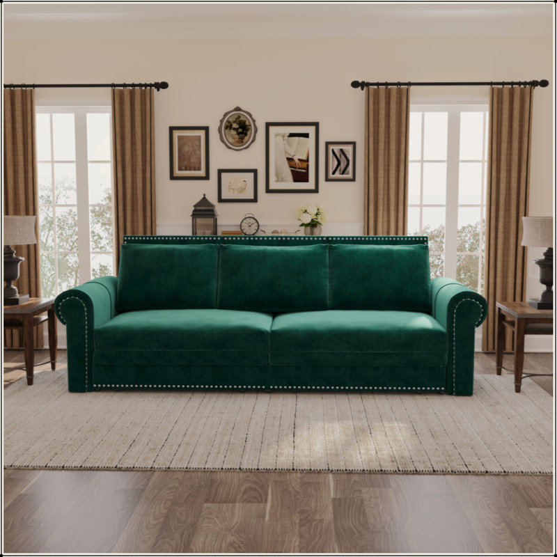 Canapé Chesterfield, canapé-lit gigogne de 93,7 po, canapé-lit convertible 3 en 1 avec garniture cloutée et accoudoirs roulés, canapé-lit multifonctionnel pour le salon, la chambre à coucher