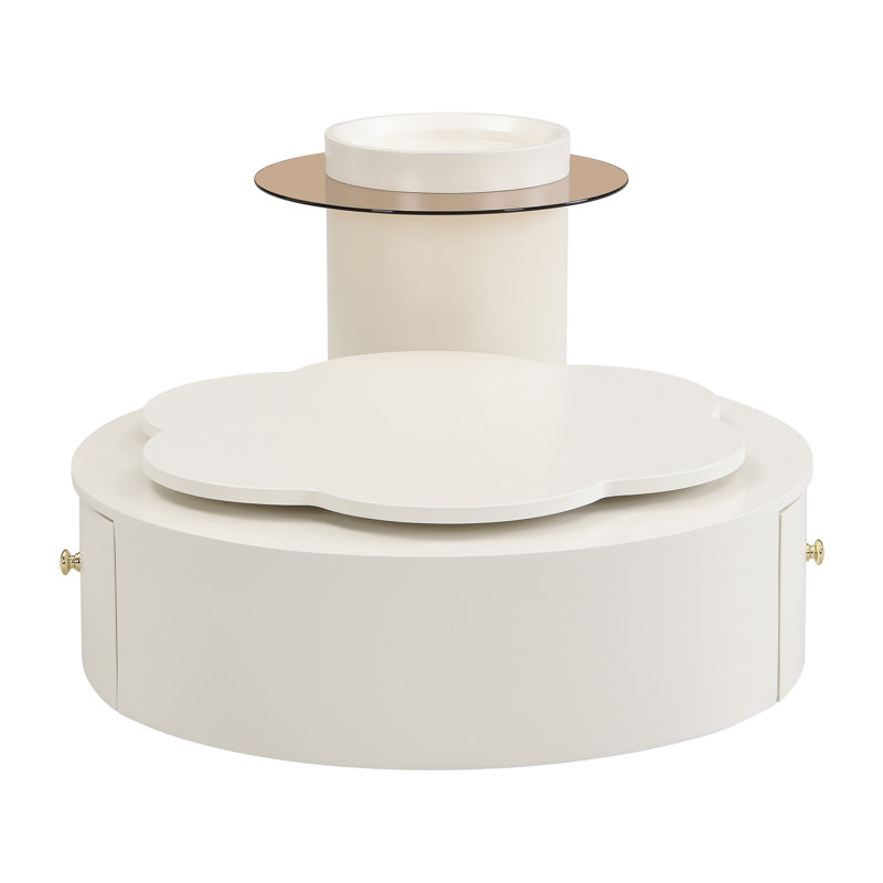 Modern Round Coffee Table Set Of 2 , 360-Degree Rotatable Flower-Shaped Top With 2 Drawers, Top Circle Side Table End Table With Glass For Living Room