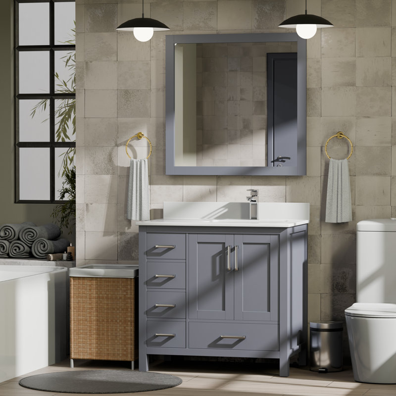 Ensemble de meuble-lavabo simple 36 po Jacques, Gris foncé, Marbre de culture blanc