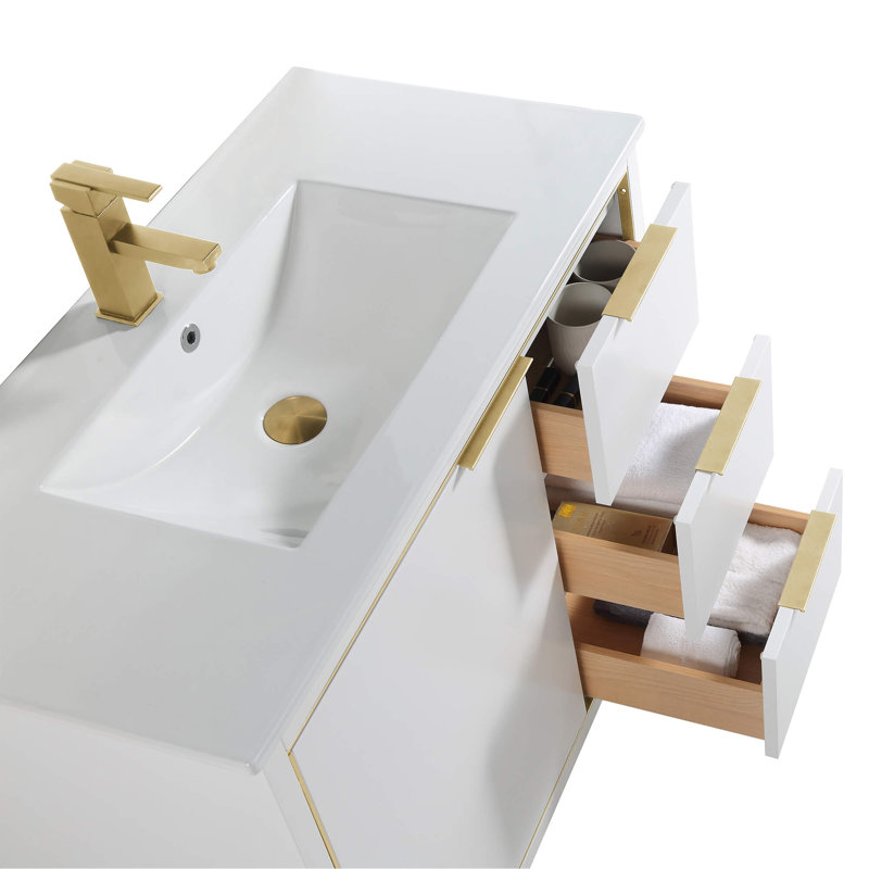 Ensemble de meuble-lavabo simple 36 po, Laiton satiné, Blanc