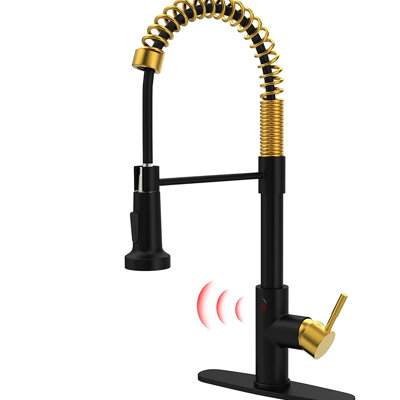 Touchless Kitchen Faucet With Pull Down Spray - Hands Automatic Smart, Black + Gold, Contemporary, Stainless Steel, Ceramic Fill Smart Touchless, , Contemporary Design, Filler