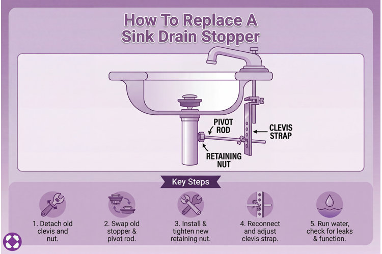 diagram showing how to replace a sink drain stopper