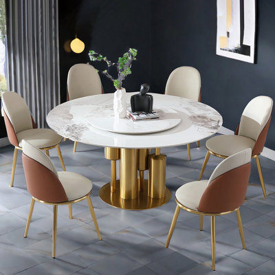 Table de salle à manger moderne en marbre, table ronde en pierre frittée de 59 po pour la salle à manger, cuisine, coin-repas, espace compact avec plateau tournant (6 chaises)