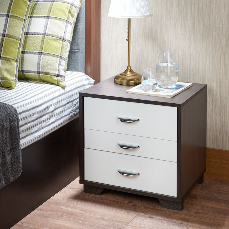 Table de chevet en bois blanche et noire à 3 tiroirs | Idée de cadeau
