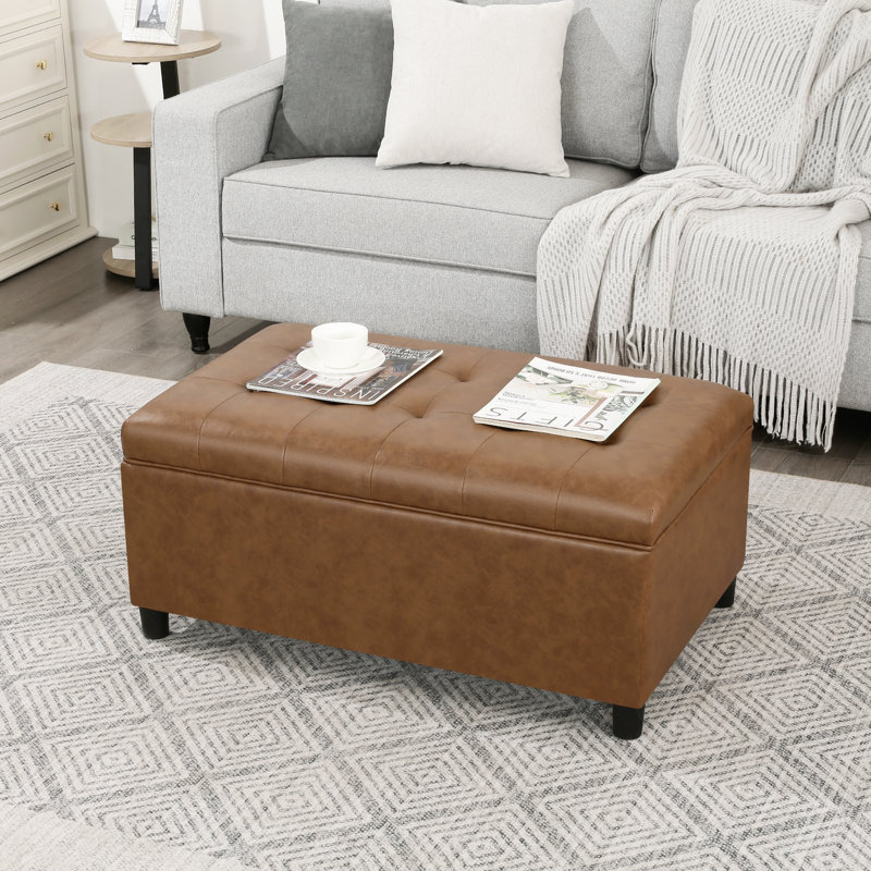  35" Tufted Faux Leather Upholstered Storage Ottoman Bench, Brown