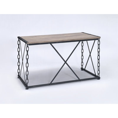 Console rustique en chêne avec structure en métal noir antique et pieds rectangulaires