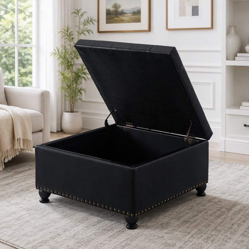 Pouf de rangement carré noir, Similicuir noir PU