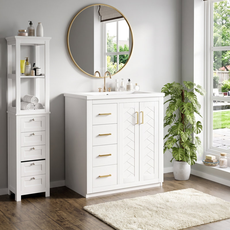 Ensemble de meuble-lavabo 30 po avec lavabo en céramique, meuble de rangement pour salle de bain avec cadre en bois massif, ensemble de meuble-lavabo autoportant avec 3 tiroirs et portes à fermeture douce