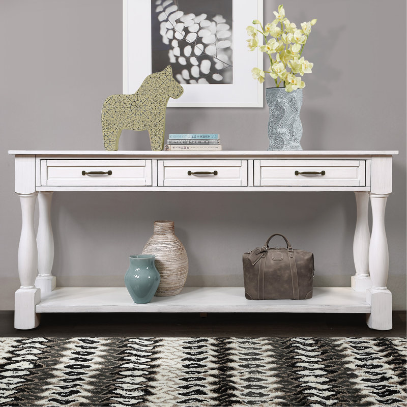 White Solid Wood Console Table with Storage Drawers and Shelf