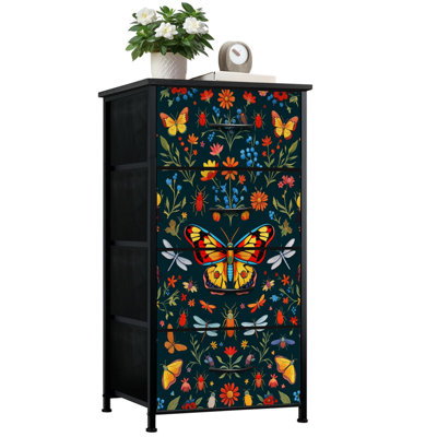 Commode pour chambre à coucher avec 4 tiroirs de rangement Papillons verts Papillons verts Ailes symétriques Commodes décoratives Commode en acier avec cadre en tissu pour vestibule