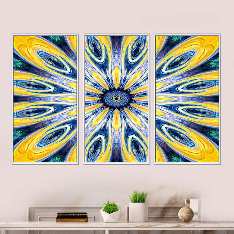 «Yellow and Blue Fractal Flower», reproduction de cadre flottant sur toile 3 pièces, H 32 po x l 48 po x P 1 po, Cadre blanc