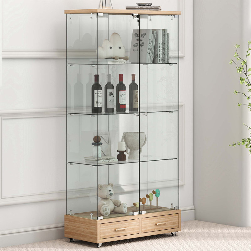 Vitrine moderne en verre avec 2 grands tiroirs, lumières DEL et 4 tablettes pour un rangement et une présentation élégants
