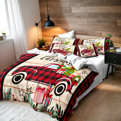 Literie Shenglei à motif de camion de Noël et carreaux Buffalo en microfibre avec 2 taies d'oreiller, 1 place (garnitures non comprises)