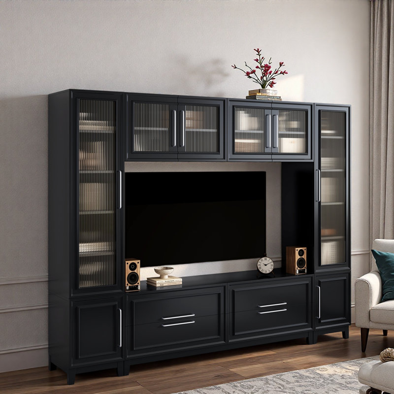 Meuble télé moderne avec meuble télé avec portes en verre, 4 tiroirs fermés et armoires, Noir