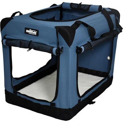 4-Door Folding Soft Dog Crate With Curtains, Carrying Bag And Fleece Bed (2 Year Warranty), Indoor & Outdoor Pet Home (20" L X 14" W X 14" H, Blue Gray+4 Door Curtains)