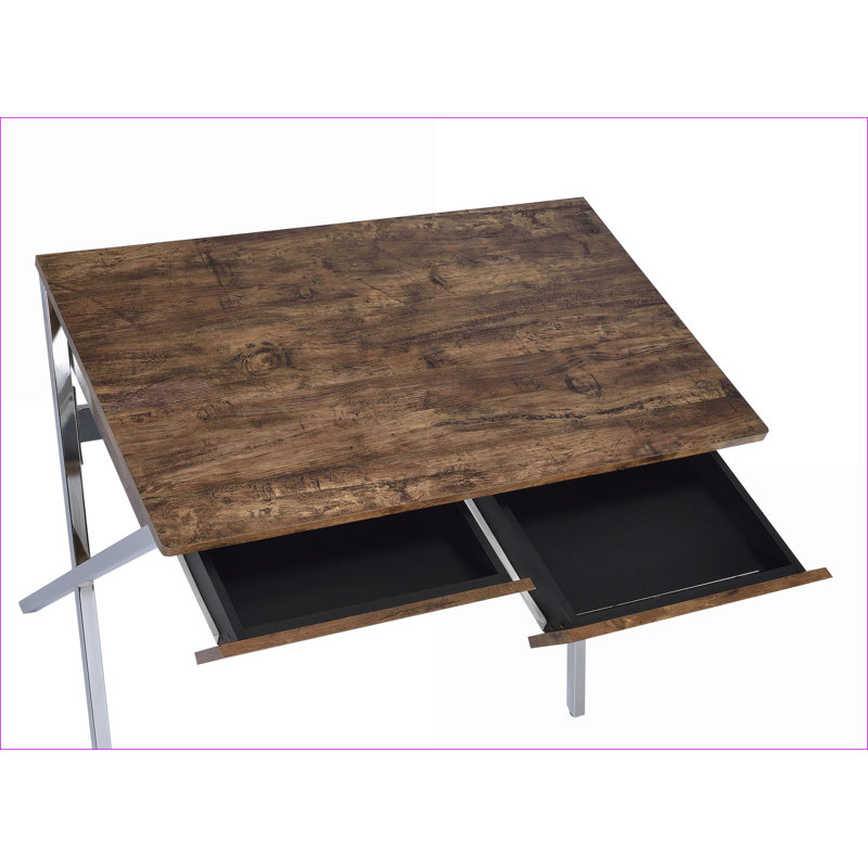 Bureaux, bureau d'écriture moderne à 2 tiroirs - plateau en chêne patiné Pieds chromés | Chêne | Chrome
