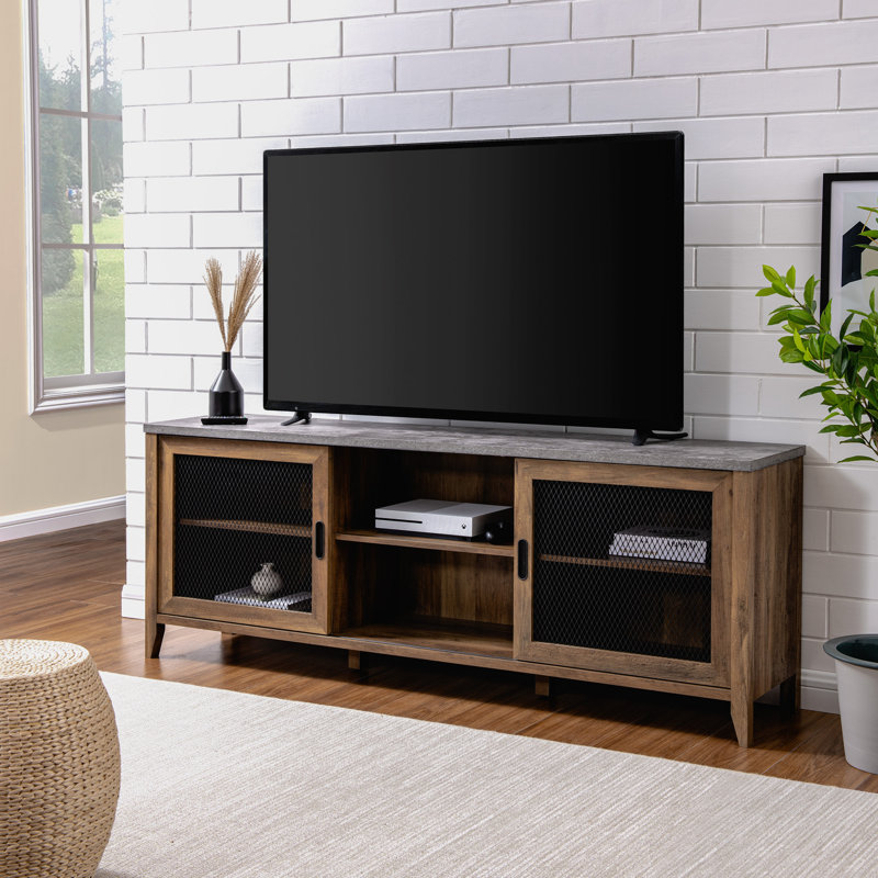 Terence 70" TV Stand with Sliding Doors for TVs up to 80", Dark Concrete/Reclaimed Barnwood