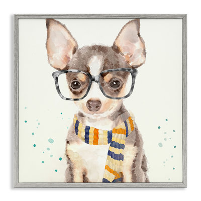 «Hipster Chihuahua Puppy With Glasses and Scarf», reproduction de peinture à l'aquarelle sur toile