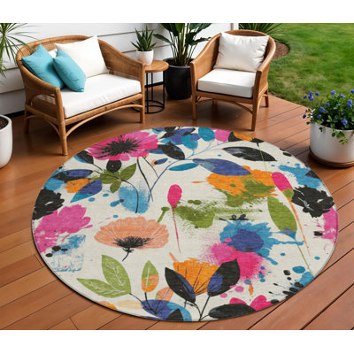 8' Ivory Pink Orange And Blue Round Floral Washable Indoor Outdoor Area Rug
