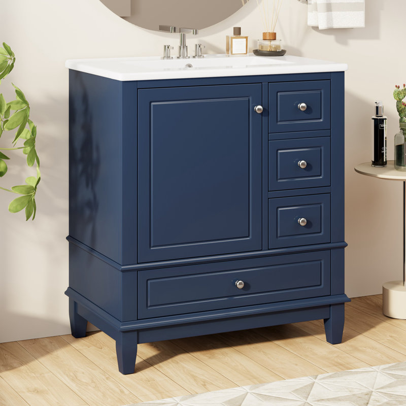 Meuble-lavabo autoportant de 30 po avec lavabo en céramique, Argent argent, Bleu