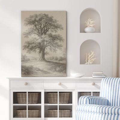 Vintage Sepia Oak Tree Landscape Art - Pictures Framed Canvas Print Wall Art