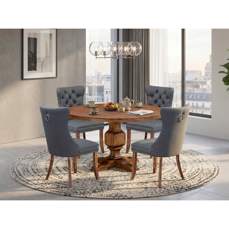 L'ensemble de table à manger 5 pièces comprend une table de salle à manger et 4 chaises de salle à manger en similicuir gris platine avec dossier capitonné - Finition noyer antique