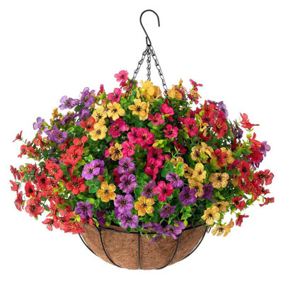 Artificial Faux Hanging Plants Flowers Basket with Hanging Basket for Outdoors Spring Summer Decoration,Hanging Planters with Fake Silk Flowers UV Resistant Realistic for Outside Porch Patio Balcony Garden