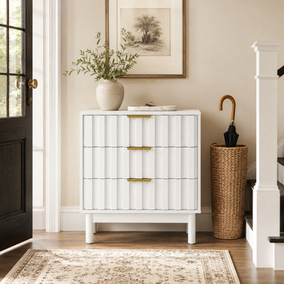 White 3-Drawer Storage Chest with Fluted Front Panels, Modern Wooden Dresser with Elegant Integrated Edge Pulls, Spacious Side Table Nightstand for Be