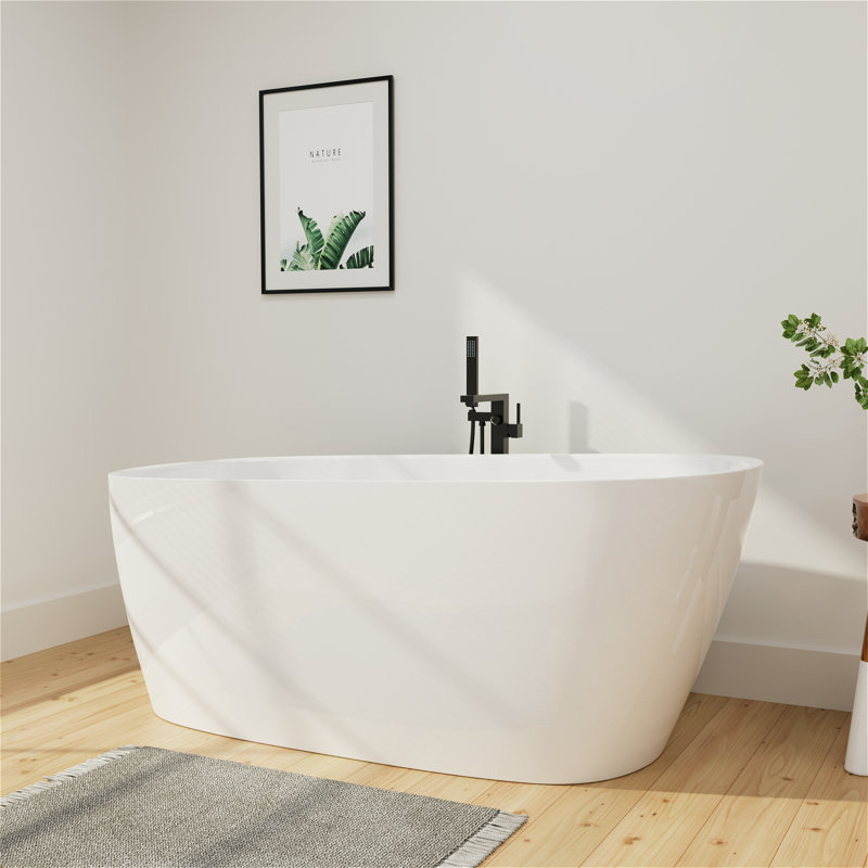 Baignoire de trempage autoportante en acrylique L 59 po x l 28 po, drain et trop-plein chromés, conception moderne pour salles de bain luxueuses