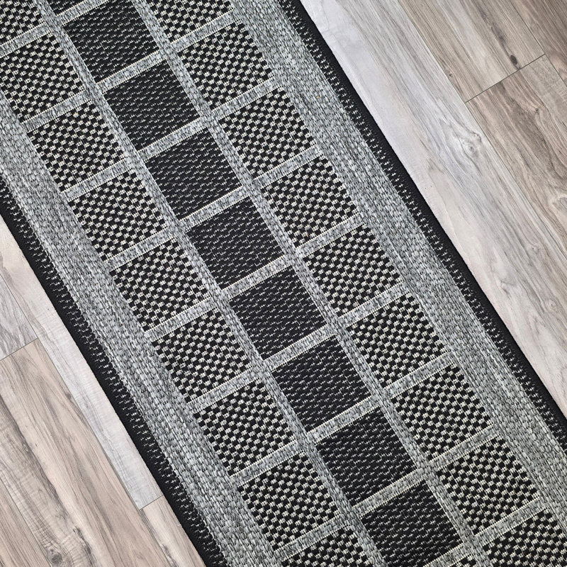 Gere Rug Non Slip Flat Weave Border Check Geometric Kitchen Living Room Carpet, Runner 60 x 230 cm, Grey