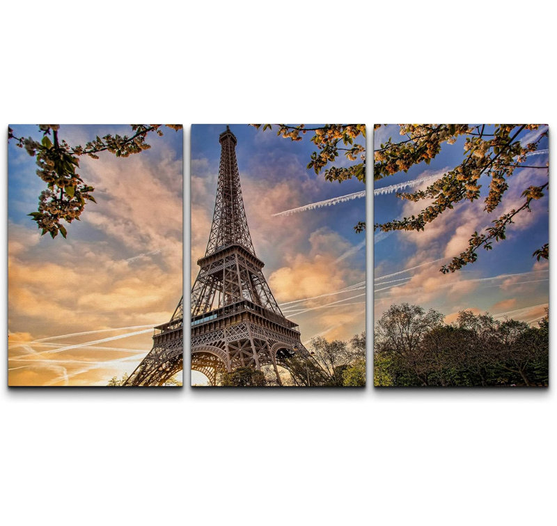Eiffel Tower with Spring Tree in Paris France Modern Photo Home Art Framed, Wrapped Canvas, 24" H x 48" W