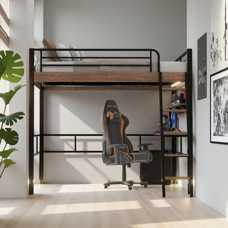 Lit mezzanine en métal avec bureau intégré, tablette de rangement et échelle, Lit double