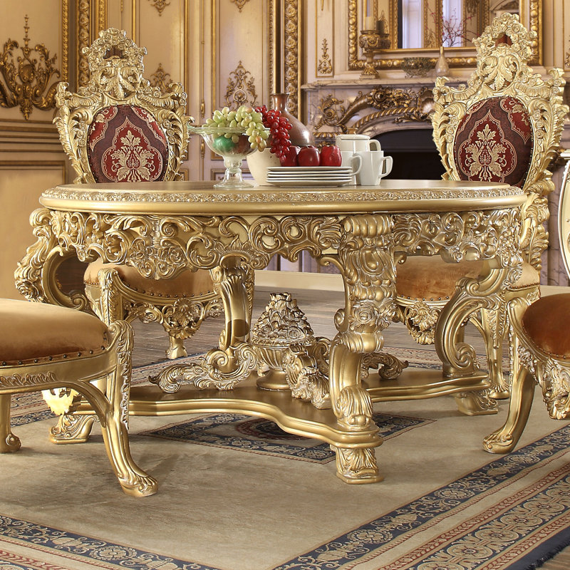 Traditional Round Wood Dining Table with Metallic Bright Gold Finish