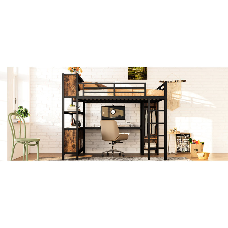Robuste, grand lit, lit mezzanine en métal, bureau, garde-robe, garde-corps complet, espace de lecture en L pour chambre d'adolescent, solution peu encombrante, petit