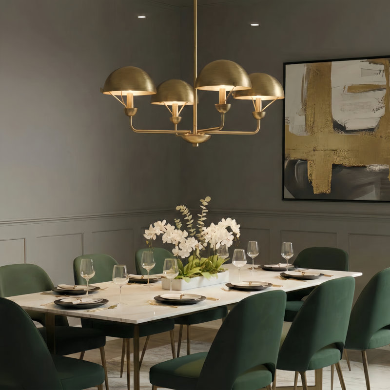 Iron 4-Light Chandelier, Antique Brass Finish/Antique Brass Metal Shade