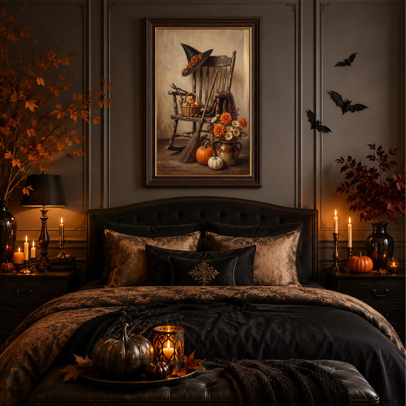 «Witch Hat», chaise berçante avec dahlias oranges et toile d'Halloween, H 24 po x l 16 po