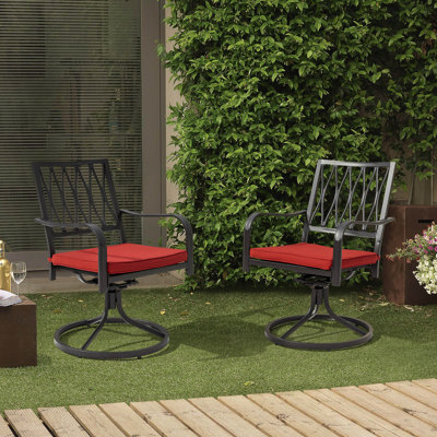 Hughey Outdoor 2-Piece Metal Swivel Chair Set, Iron Dining Chairs with Removable Red Cushion, Patio Bistro Chairs for Indoor and Outdoor by Alcott Hill