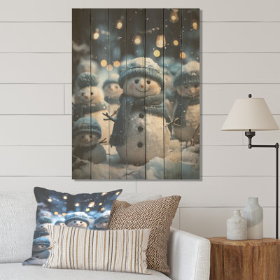 «Blue and White Frosty Snowman Landscape I», paysage d'hiver sur bois
