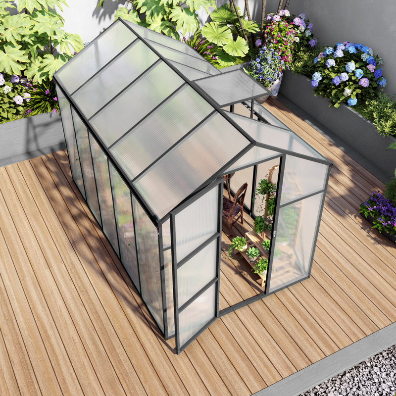 6X10 FT Polycarbonate Walk-In Greenhouse, Raised Base, 10.1' H x 6.1' W x 7.2' D