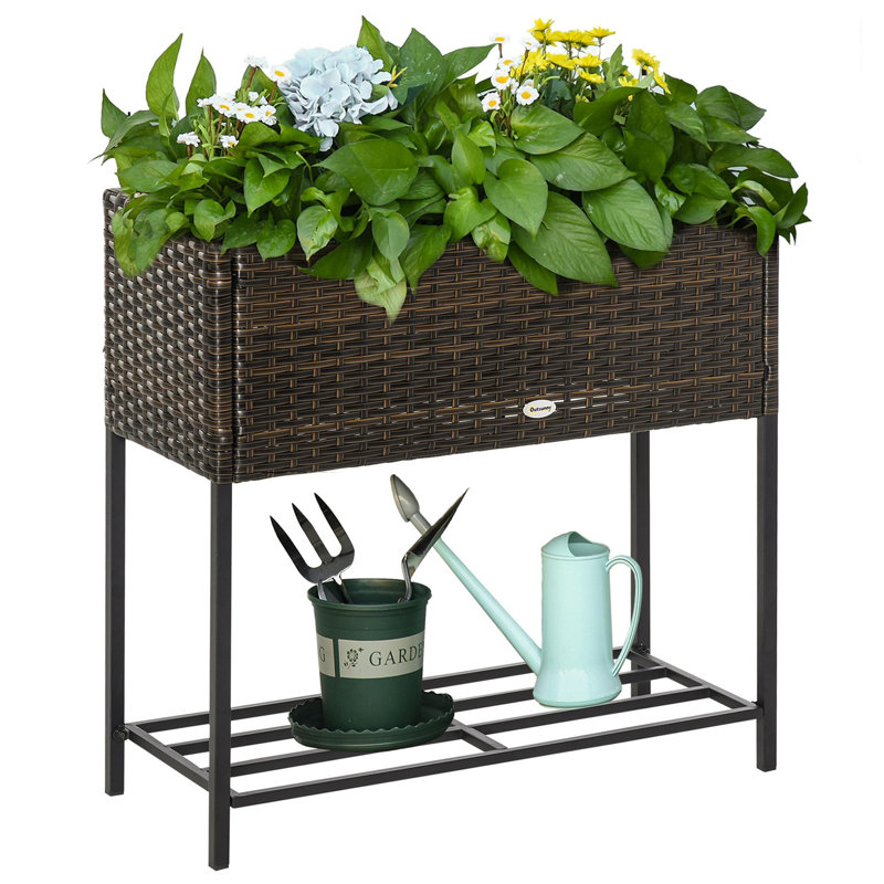 Pot à fleurs surélevé en rotin avec porte-outils, Brun