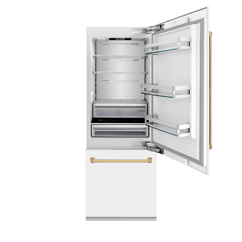 ZLINE 30 Autograph Edition 16.1 cu. ft. Built-in 2-Door Bottom Freezer Refrigerator with Accent, Gold, White Matte