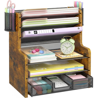 Organisateur de bureau en filet à 6 niveaux avec tiroir, organisateur de bureau en bois pour papiers